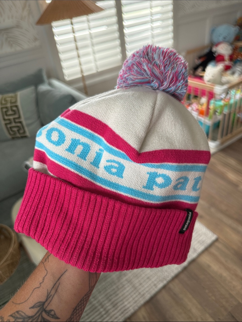 Patagonia Pink, White & Light Blue Pom-Pom Knit Beanie